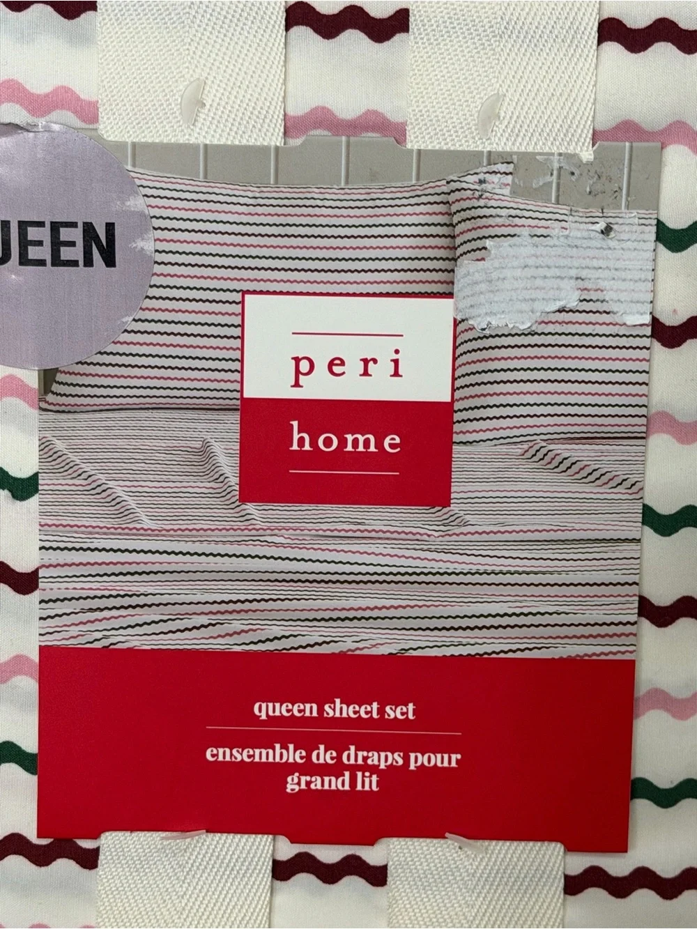 Queen Sheet Set in Off White with Pink, Green & Burgundy Wave Stripes